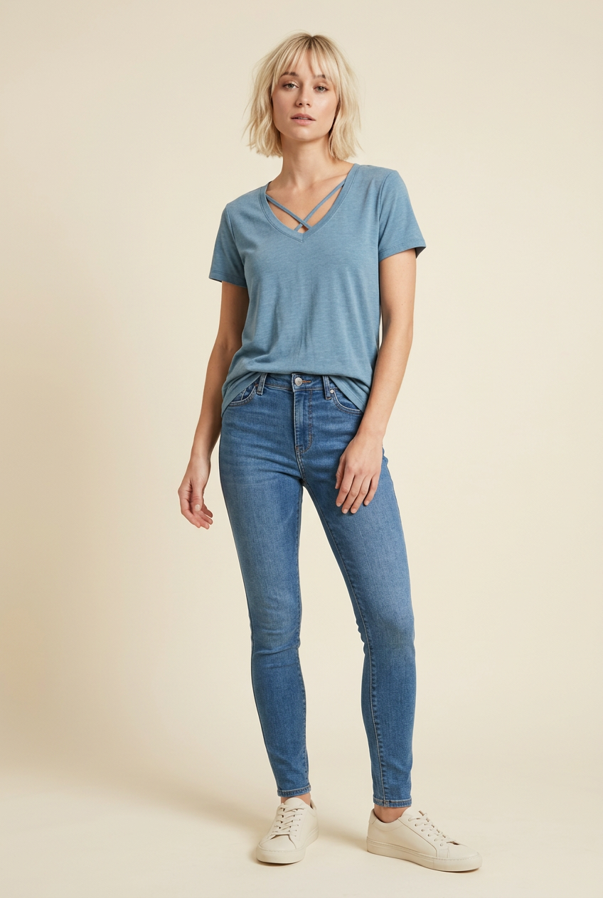 Parisian blue crisscross V-neck short-sleeve tee styled with a loose front tuck, skinny jeans and ivory sneakers on a blonde model.