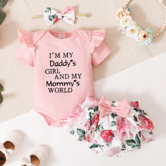 Ribbed 3pcs Letter Embroidery Short-sleeve Romper & Shorts