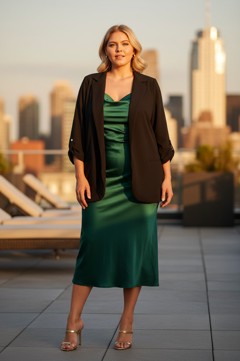 Plus size black open-front blazer evening reel – styled over jewel-tone satin midi dress with strappy heels at golden hour rooftop