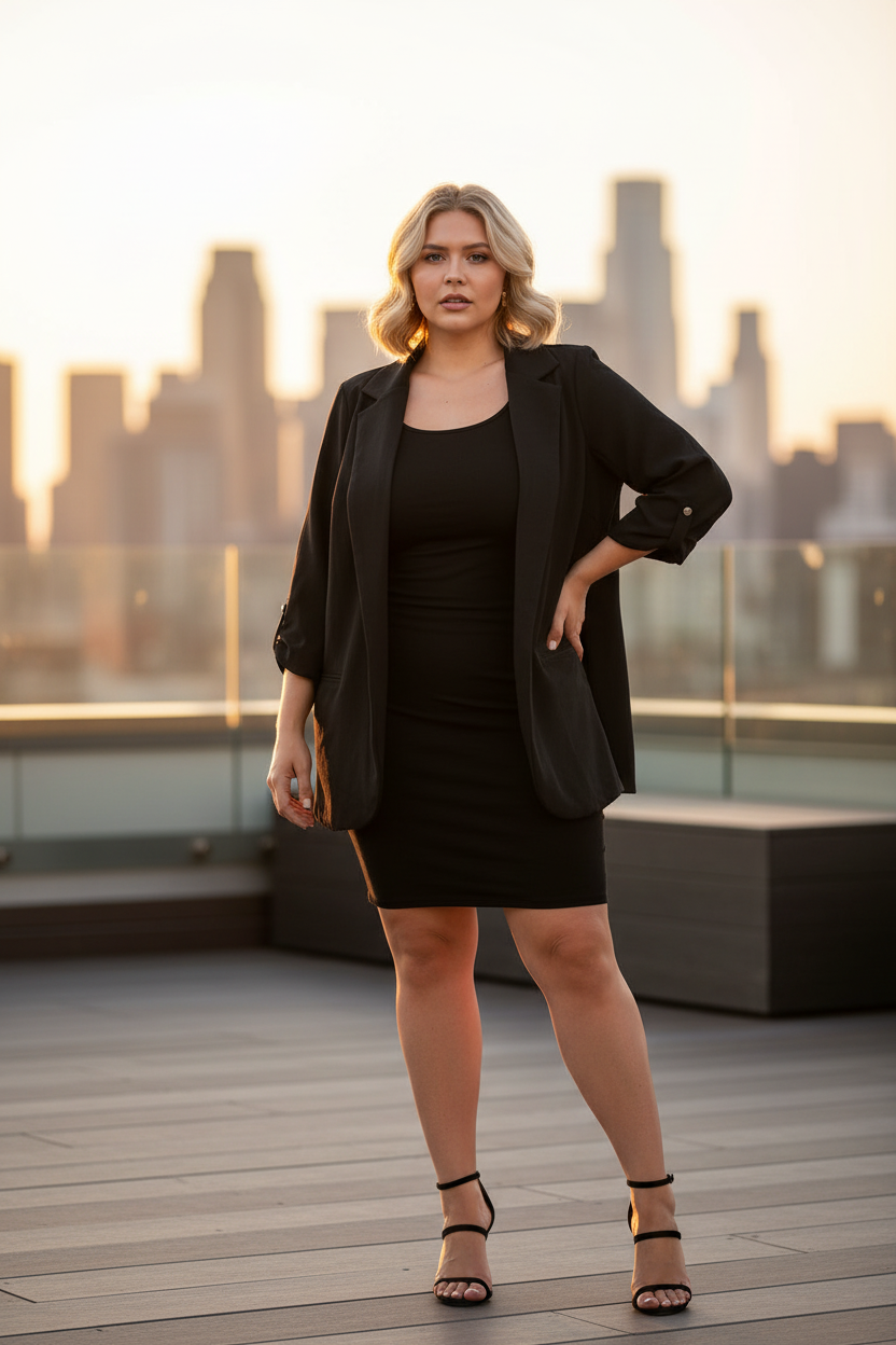 Plus size black open-front blazer night out reel – styled over black bodycon mini dress with strappy heels at golden hour rooftop bar