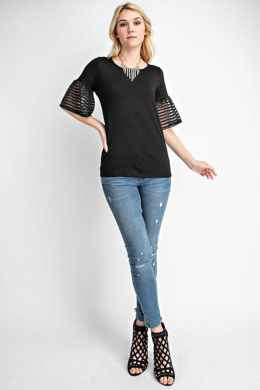 Stripe Flutter Sleeve Top Black