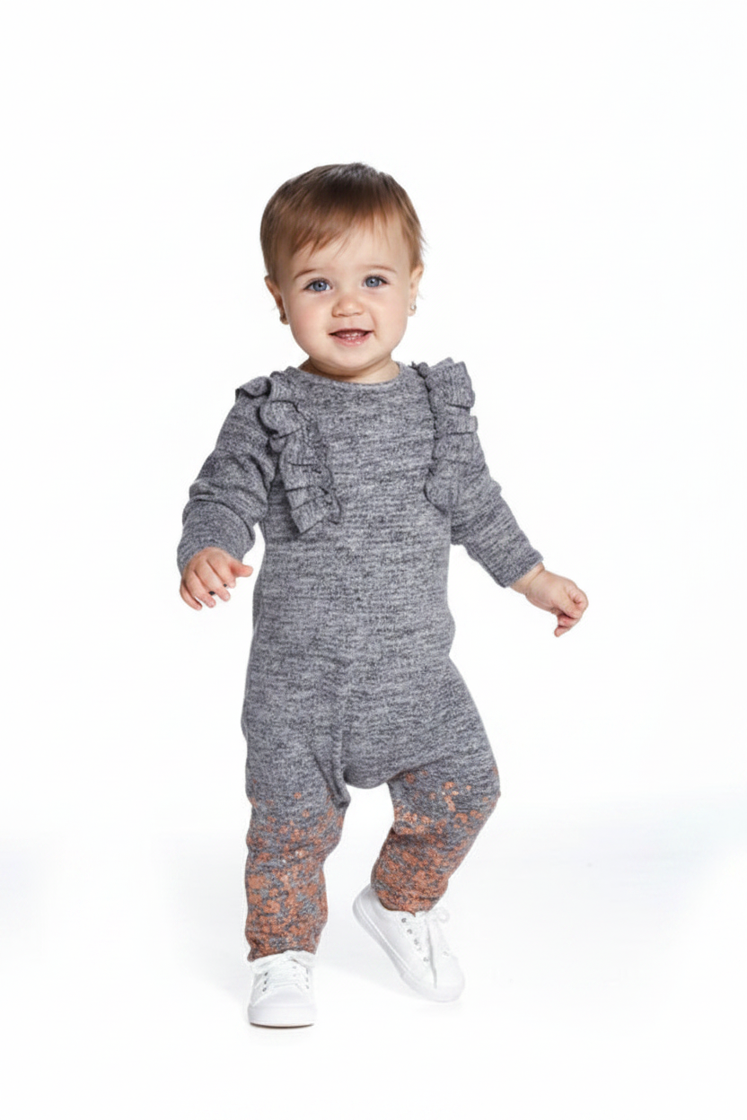 Baby Girl Glitter Sweater Coverall - Gray Gold Ruffle Shoulder
