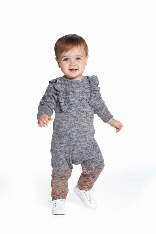 Baby Girl Glitter Sweater Coverall - Gray Gold Ruffle Shoulder