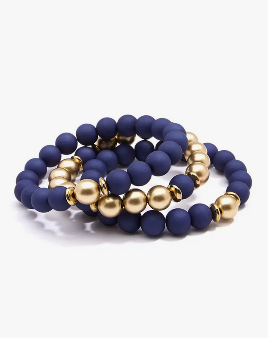 Navy & Gold Beaded Stretch Bracelet Set of 3