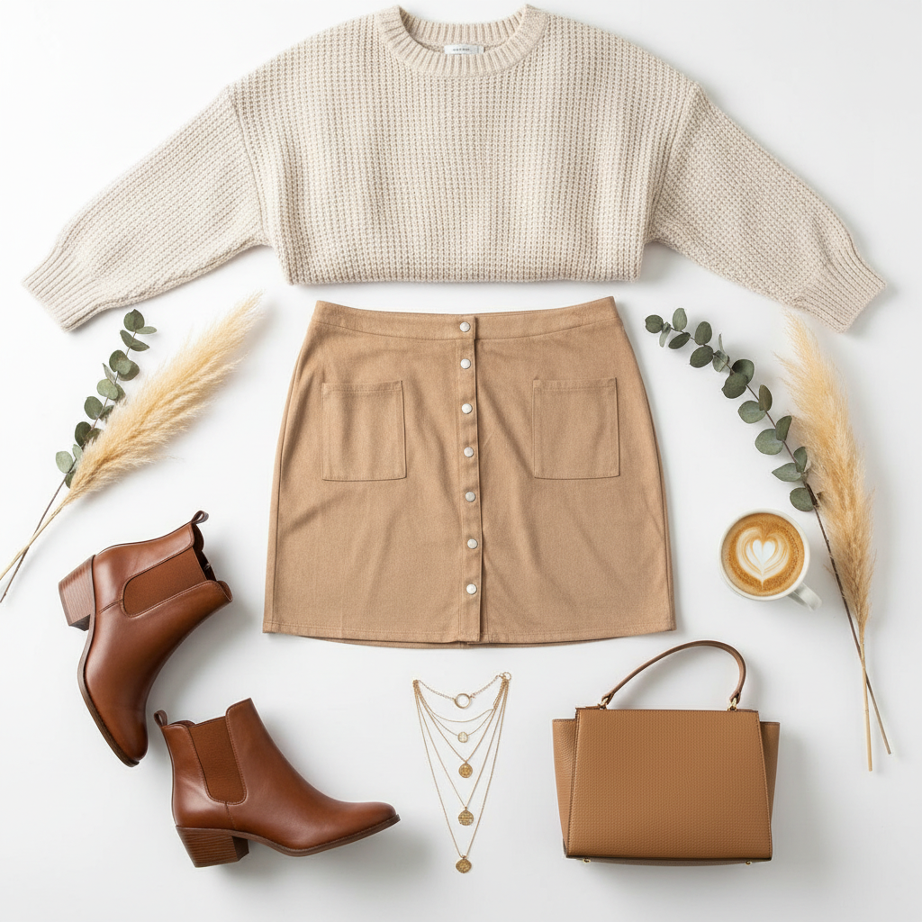 Premium flat lay with actual camel faux suede skirt