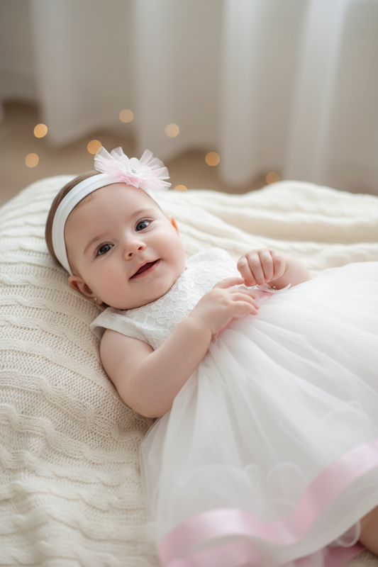 Baby Girl Tulle Dress with Pink Satin Trim & Matching Headband | Special Occasion