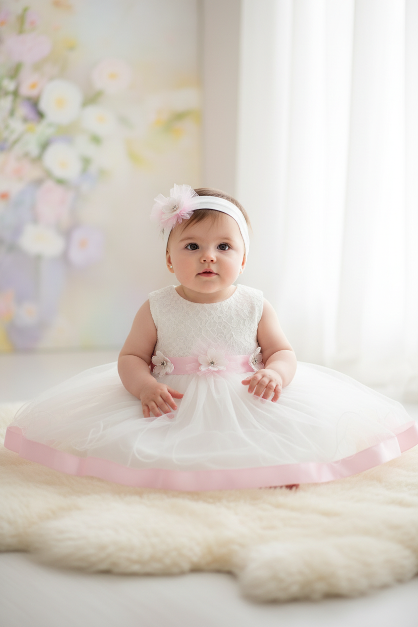 Baby Girl Tulle Dress with Pink Satin Trim & Matching Headband | Special Occasion