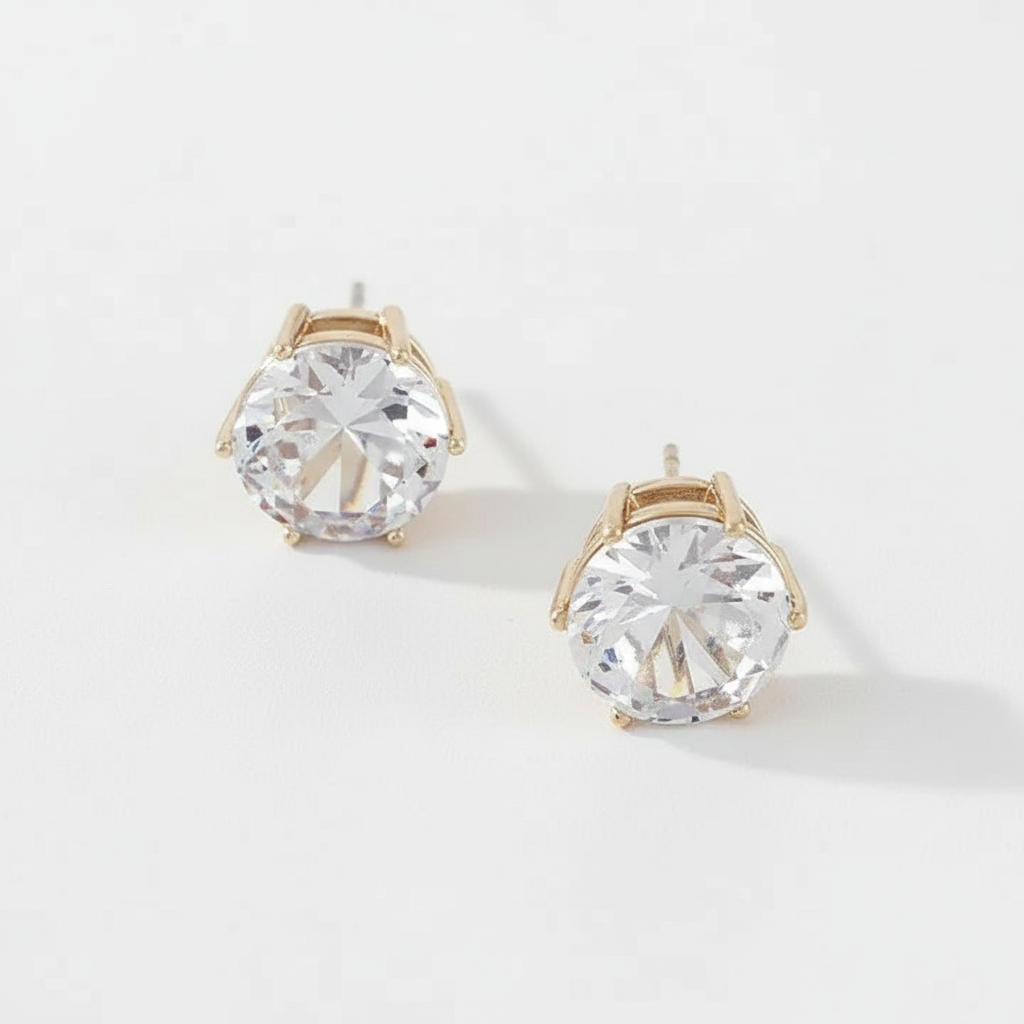 Round crystal CZ stud earrings in gold prong setting - brilliant cut stones
