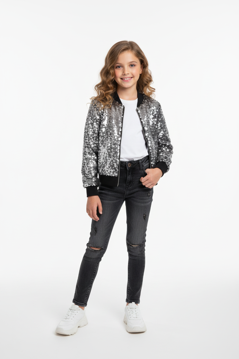 Young girl wearing silver sequin bomber jacket with black trim, styled outfit in professional studio with clean backdrop
