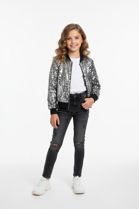 Young girl wearing silver sequin bomber jacket with black trim, styled outfit in professional studio with clean backdrop
