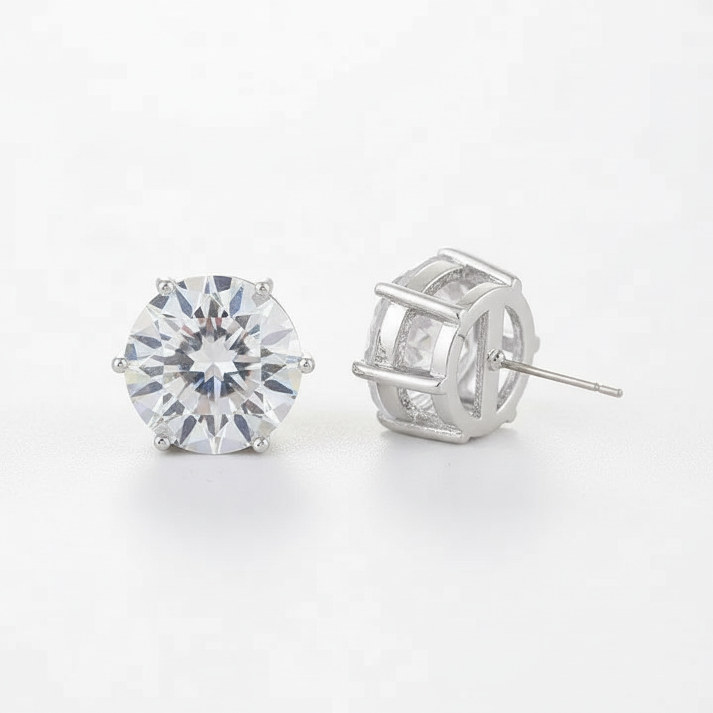 Round crystal CZ stud earrings in silver showing front and secure post back
