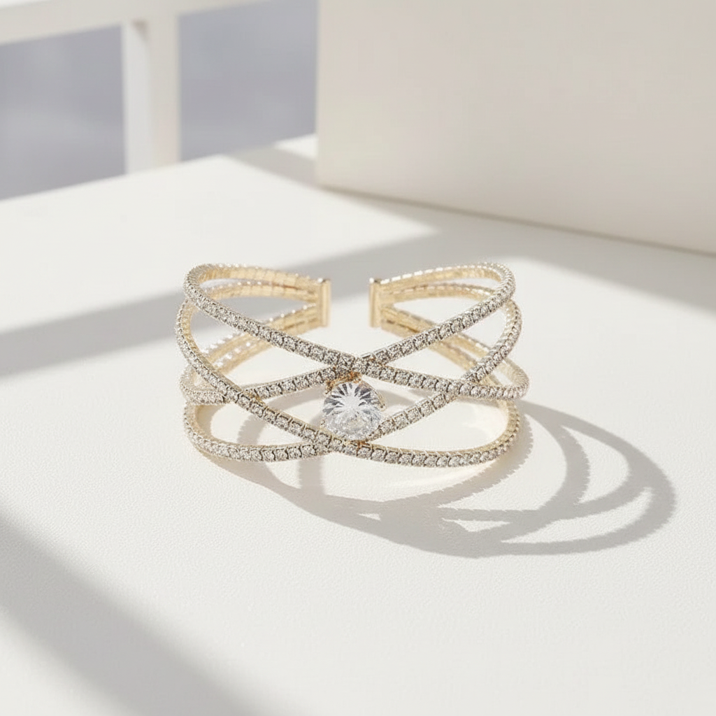 Professional studio hero image of gold rhinestone cuff bracelet