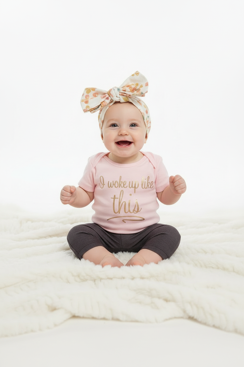 Professional studio photo of baby girl in pink onesie with gold sparkle headband sitting