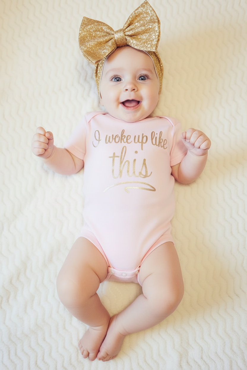 Professional studio photo of baby in pink onesie with gold sparkle headband lying down
