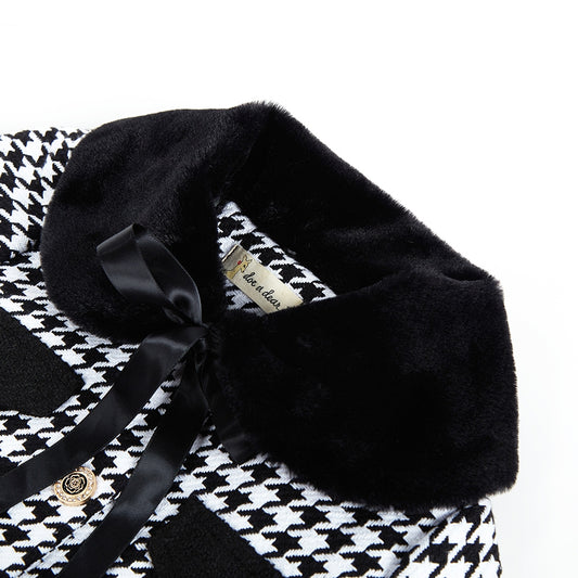 Girls' Faux Fur Collar Houndstooth Coat