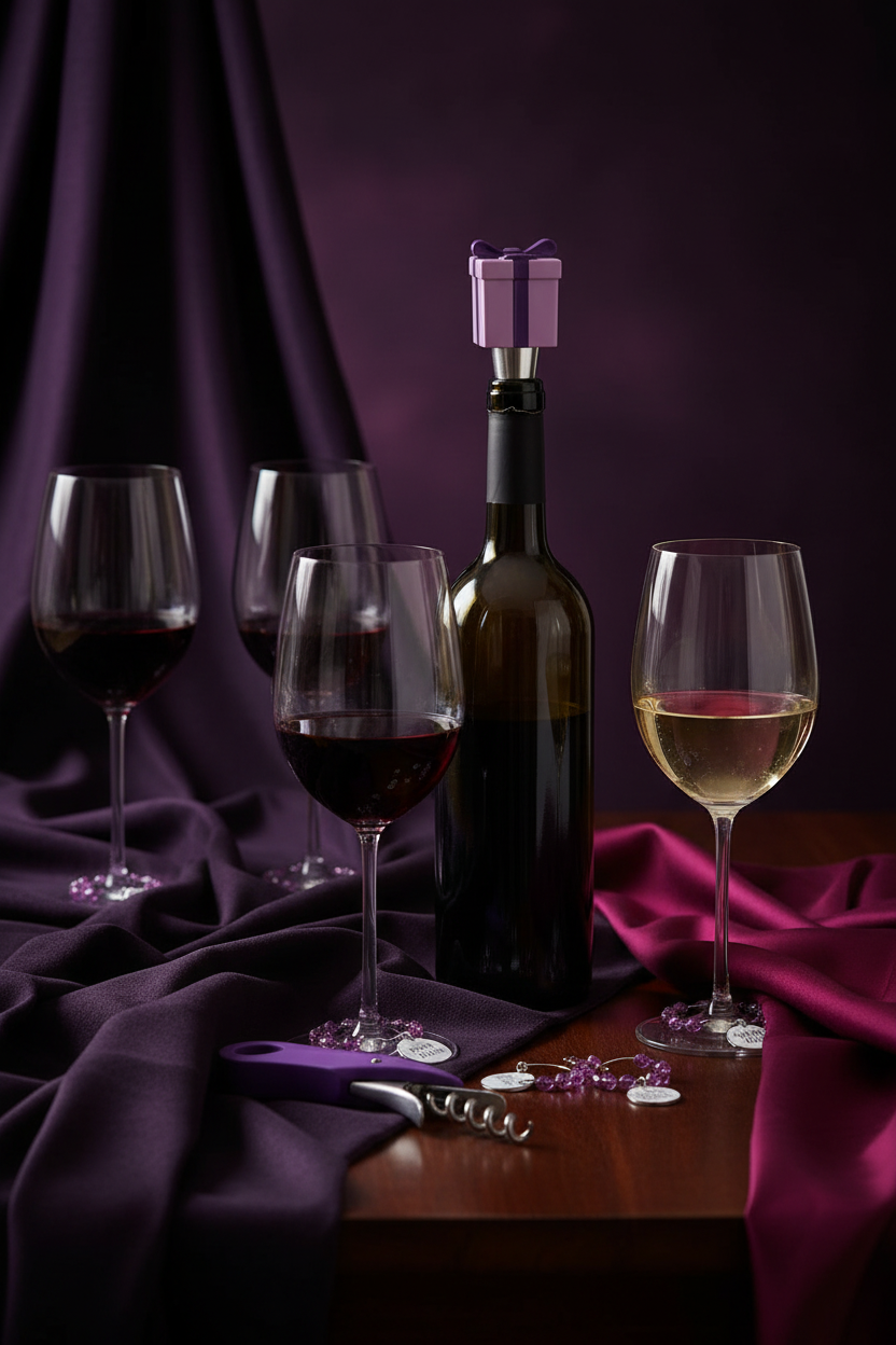 purple wine set with bottle stopper in wine bottle