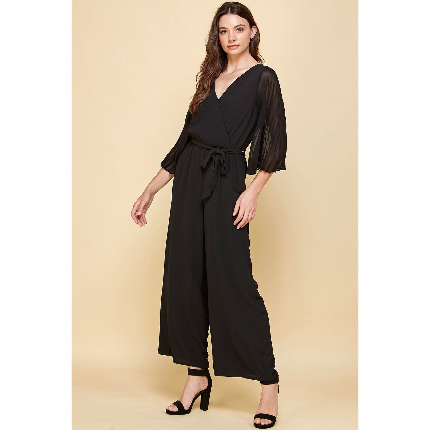 Woven V-Neck Chiffon Pleated Sleeves Jumpsuit