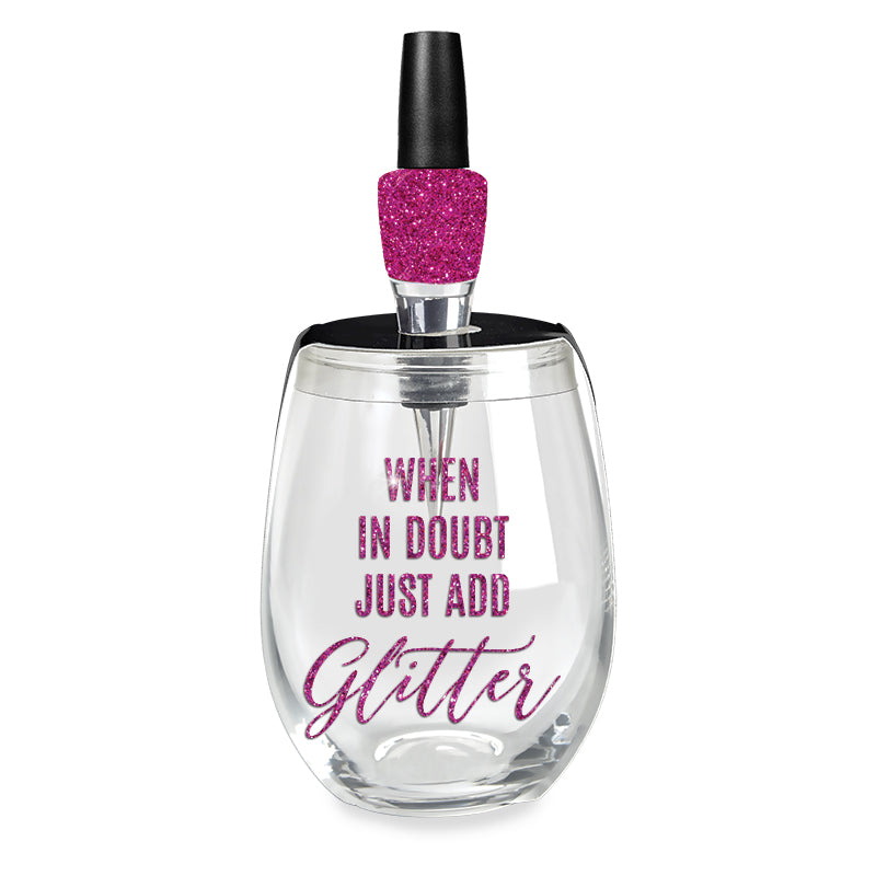 “When in Doubt, Just Add Glitter” Wine Glass & Stopper Gift Set