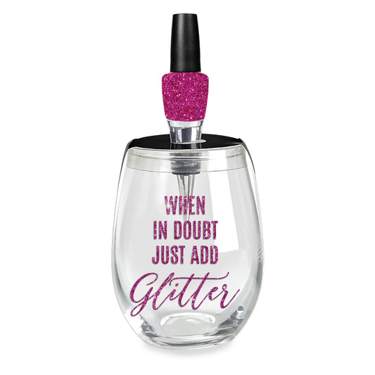 “When in Doubt, Just Add Glitter” Wine Glass & Stopper Gift Set