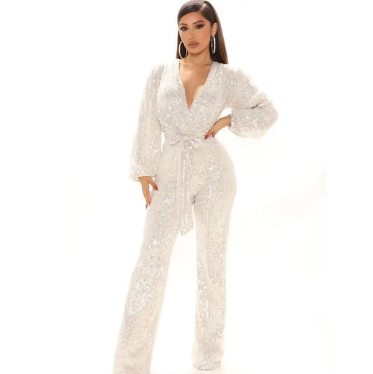 V-Neck Allover Sequin Jumpsuit