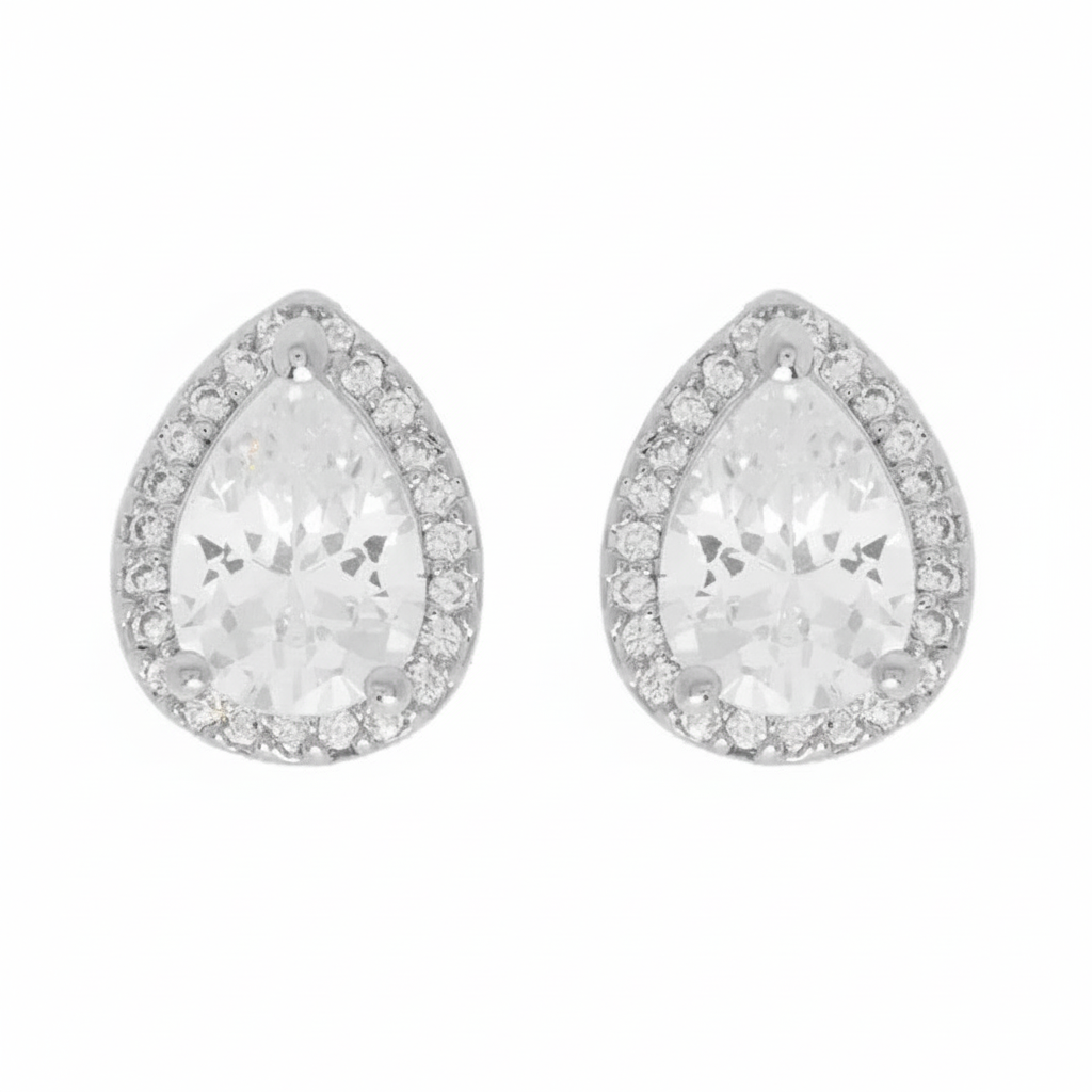 CZ Teardrop Halo Stud Earrings - Gold, Silver & Rose Gold Plated