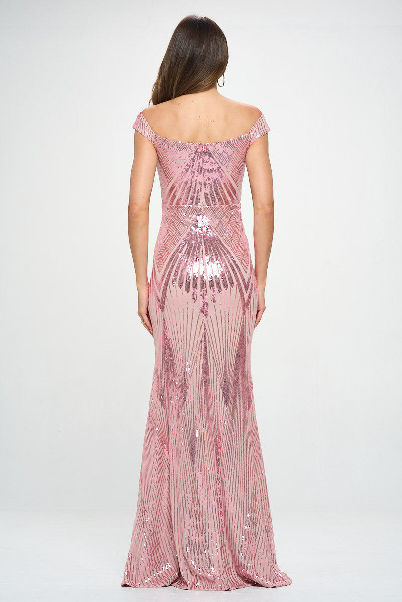 Off-the-Shoulder Mesh Inset Sequin Gown