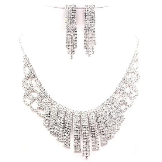 Dimensional Bent Bar Rhinestone Necklace Set – Rose Gold, Gold, or Silver