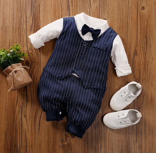 Baby Boy Gentleman Bow Tie Striped Jumpsuit