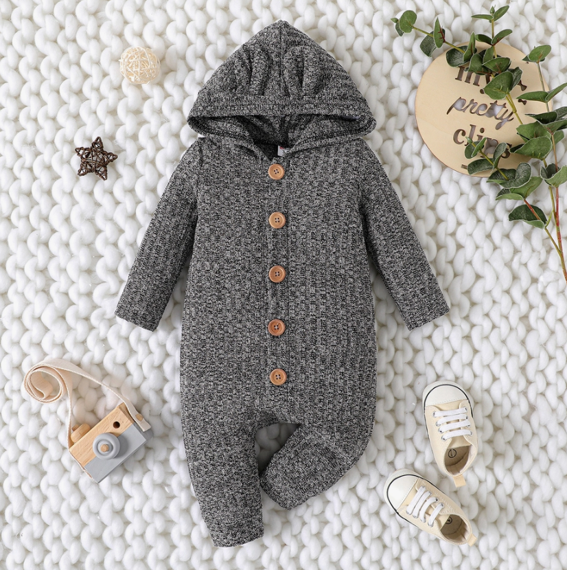 Baby Boy Heathered 3D Ears Hooded Jumpsuit