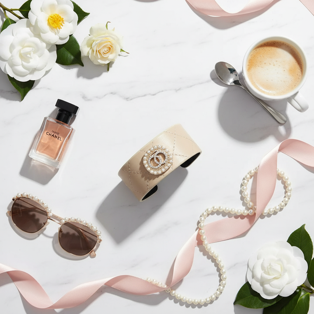 Wide cream quilted cuff bracelet with pearl CC logo flat lay with luxury lifestyle props on marble surface