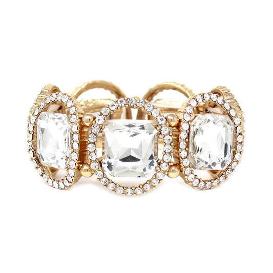 Rhinestone Paved Circle w/Square Shape Glass Stone Stretch Bracelet - Gold/Clear