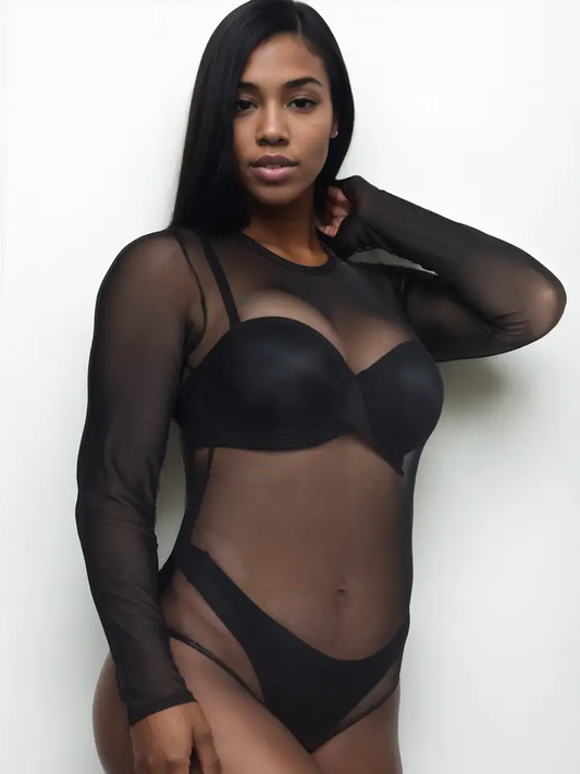 Sheer Mesh Long Sleeve Bodysuit PLUS