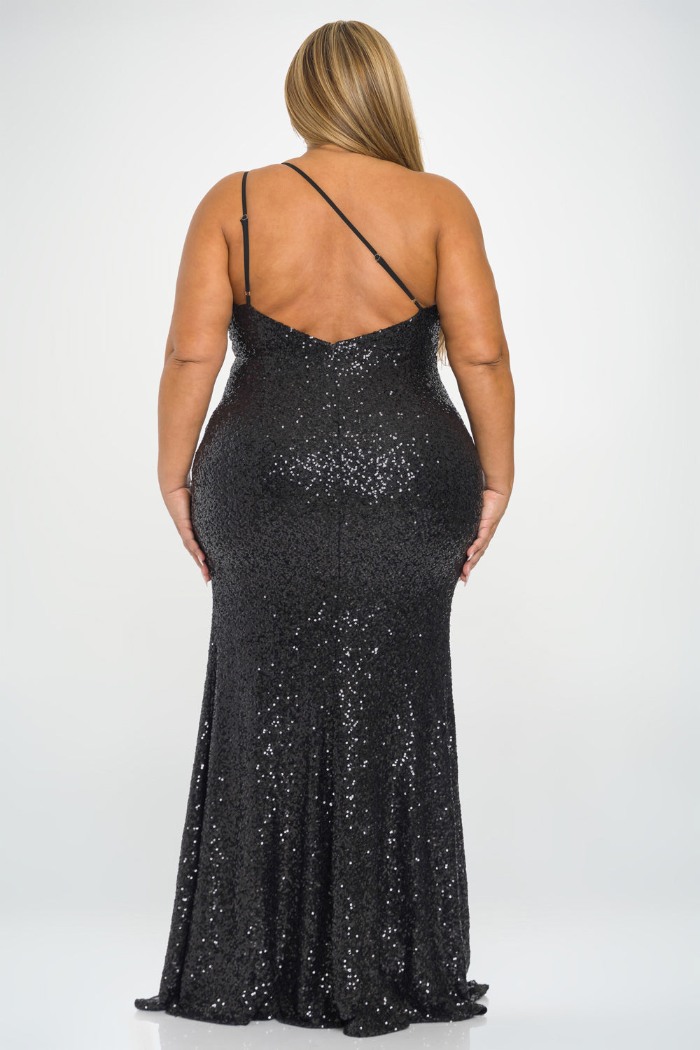 One Shoulder High Slit Sequins Gown PLUS