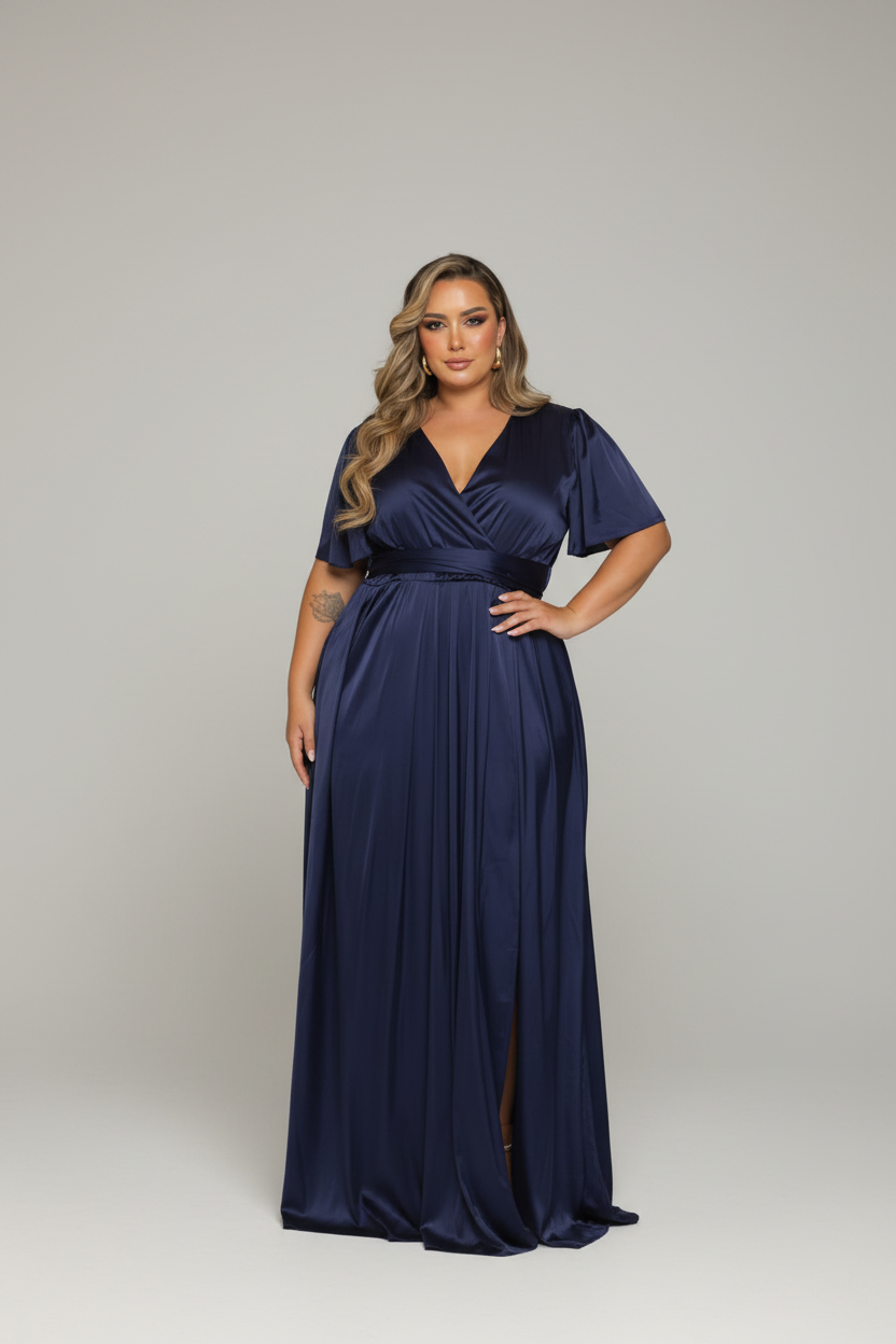 Plus Size Navy Satin Surplice Gown | Flutter Sleeve Tie Waist & Front Slit