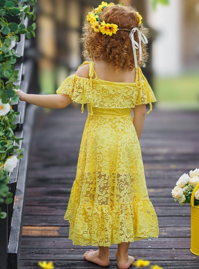 Girls' Yellow Floral Lace Hi Lo Cold Shoulder Maxi