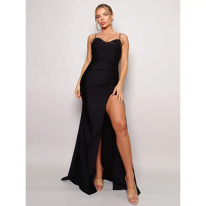 Black Sequin Corset Maxi Dress with Spaghetti Straps