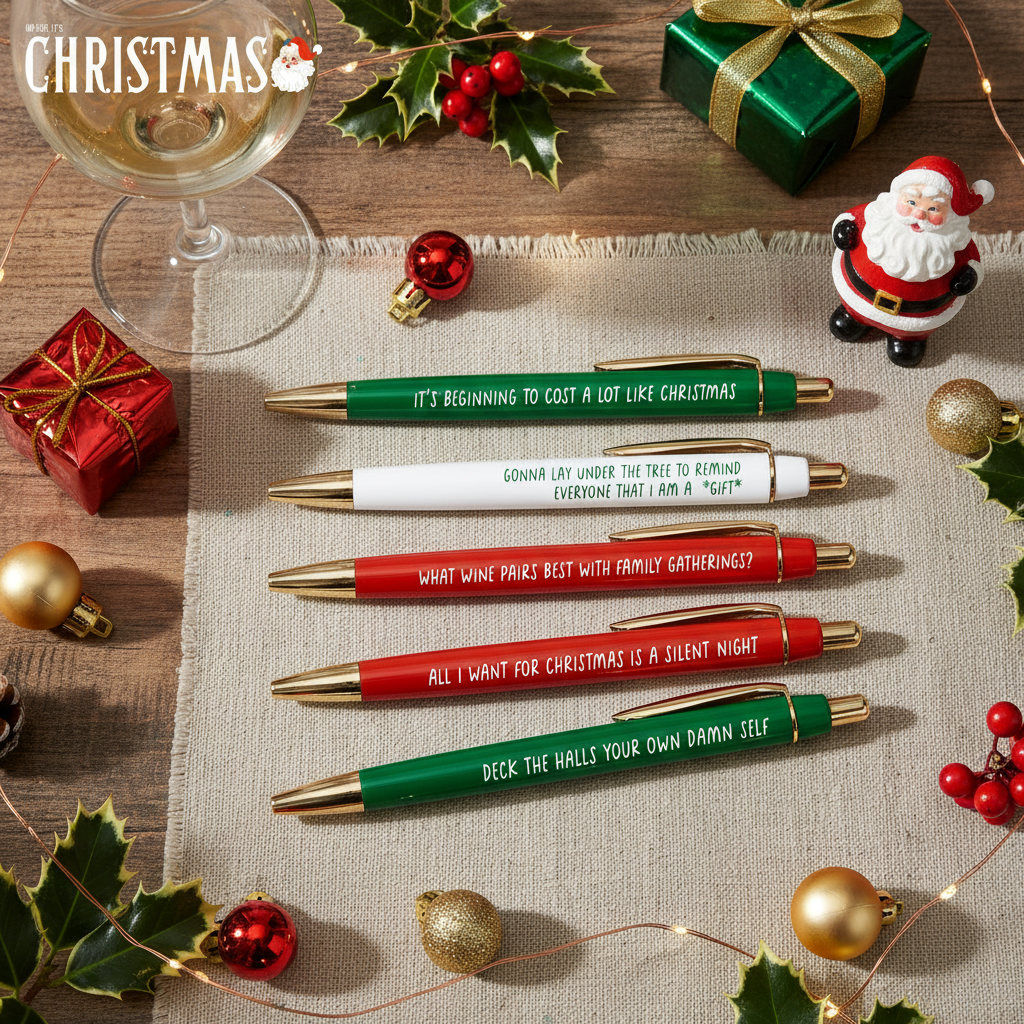 Realistic flat lay with sarcastic Christmas pens and wine