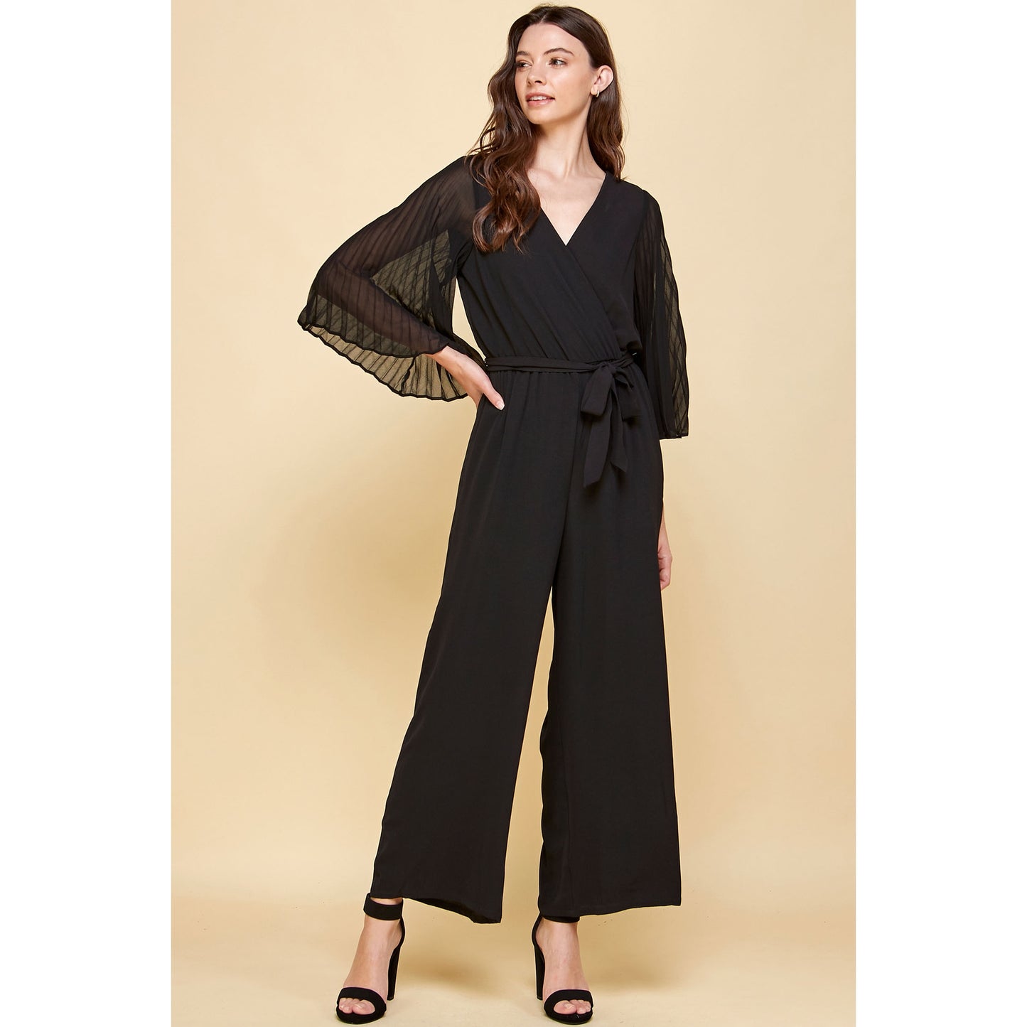 Woven V-Neck Chiffon Pleated Sleeves Jumpsuit