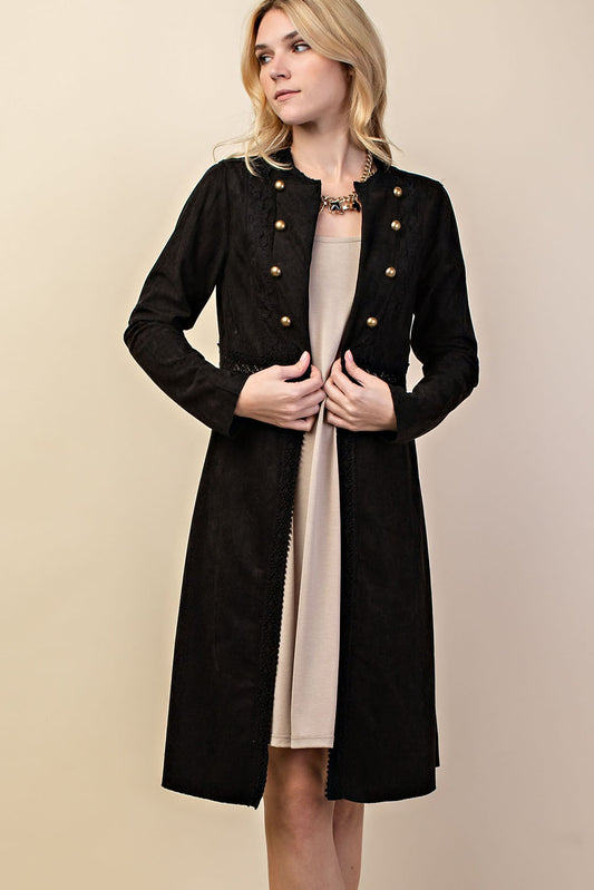 Long Faux Suede Jacket Lace & Button Detail - Beige