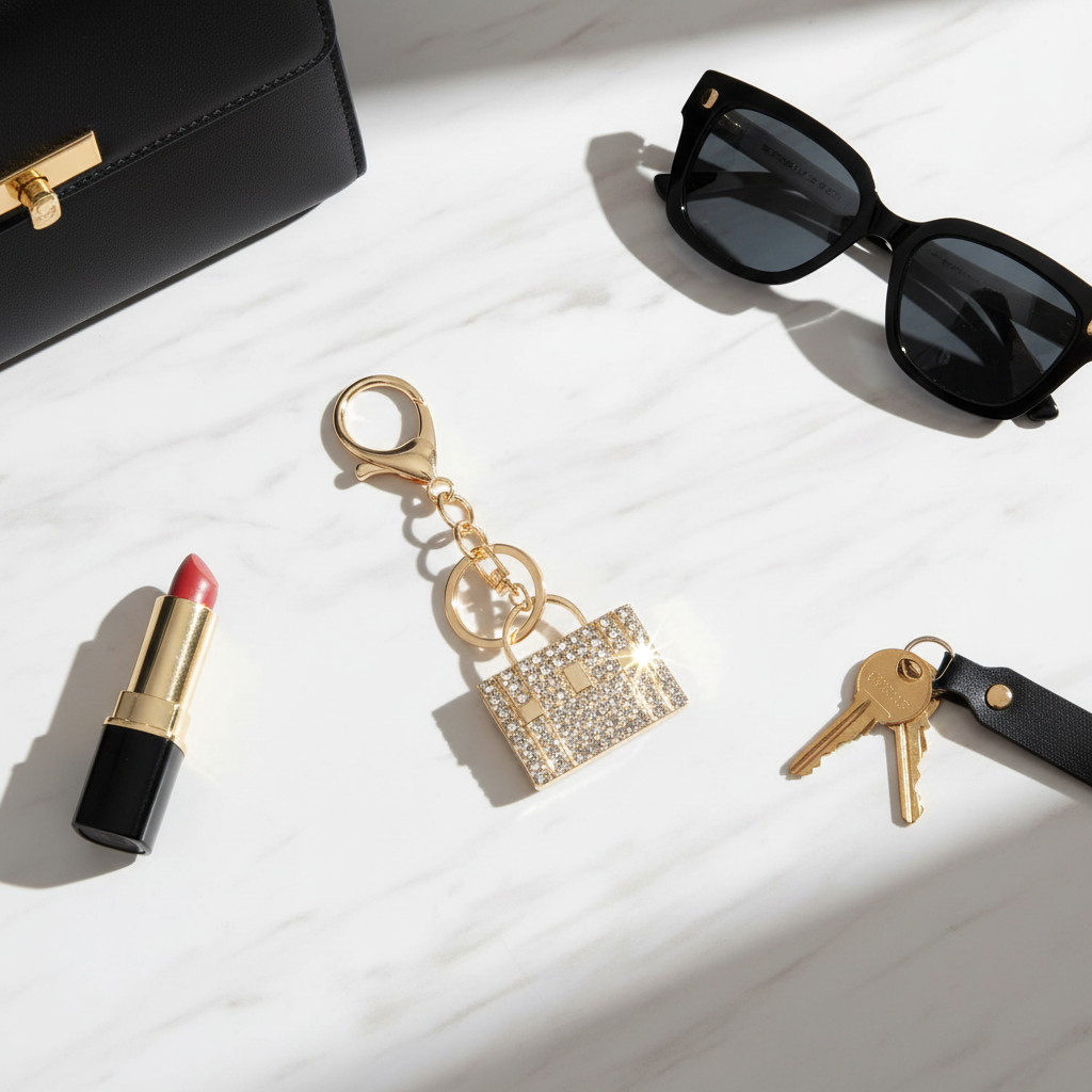 Gold and Clear Rhinestone handbag keychain charm flat lay