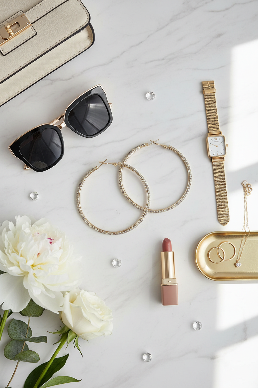 Luxury flat lay featuring silver rhinestone hoop earrings styled with designer accessories, sunglasses, and fresh flowers on marble surface, showcasing elegant jewelry styling and premium lifestyle aesthetic