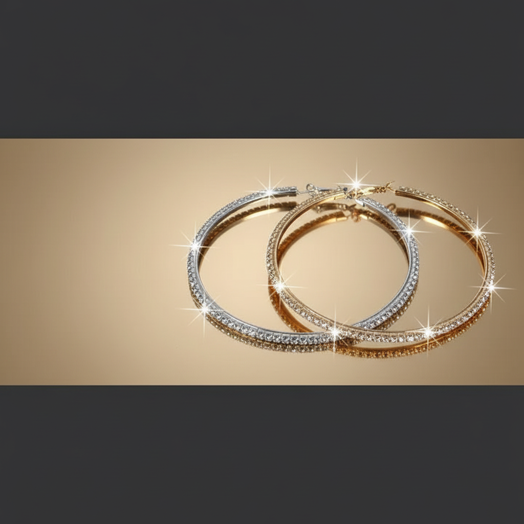 Dramatic hero banner showcasing both gold and silver 3-inch rhinestone hoop earrings with professional lighting highlighting sparkling crystal embellishments against luxurious gradient background