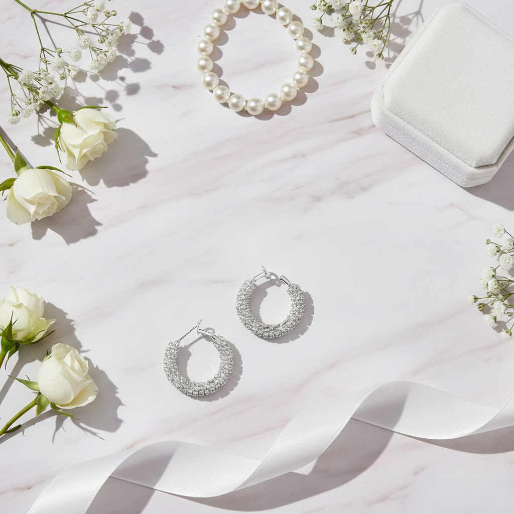 Elegant flat lay of silver rhinestone hoop earrings on marble surface with silk ribbon, jewelry box, and white flowers