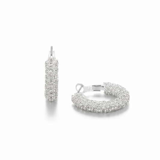 Premium silver rhinestone petite hoop earrings on white background, showcasing 360-degree sparkle wrap and dimensional design