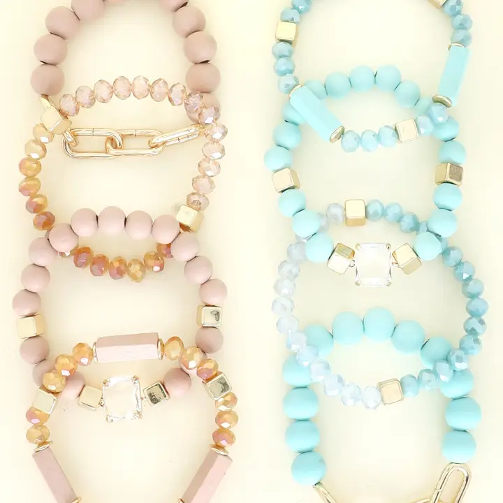 4 Pack Gold Accent Bohemian Layering Beaded Bracelet Set - Mint
