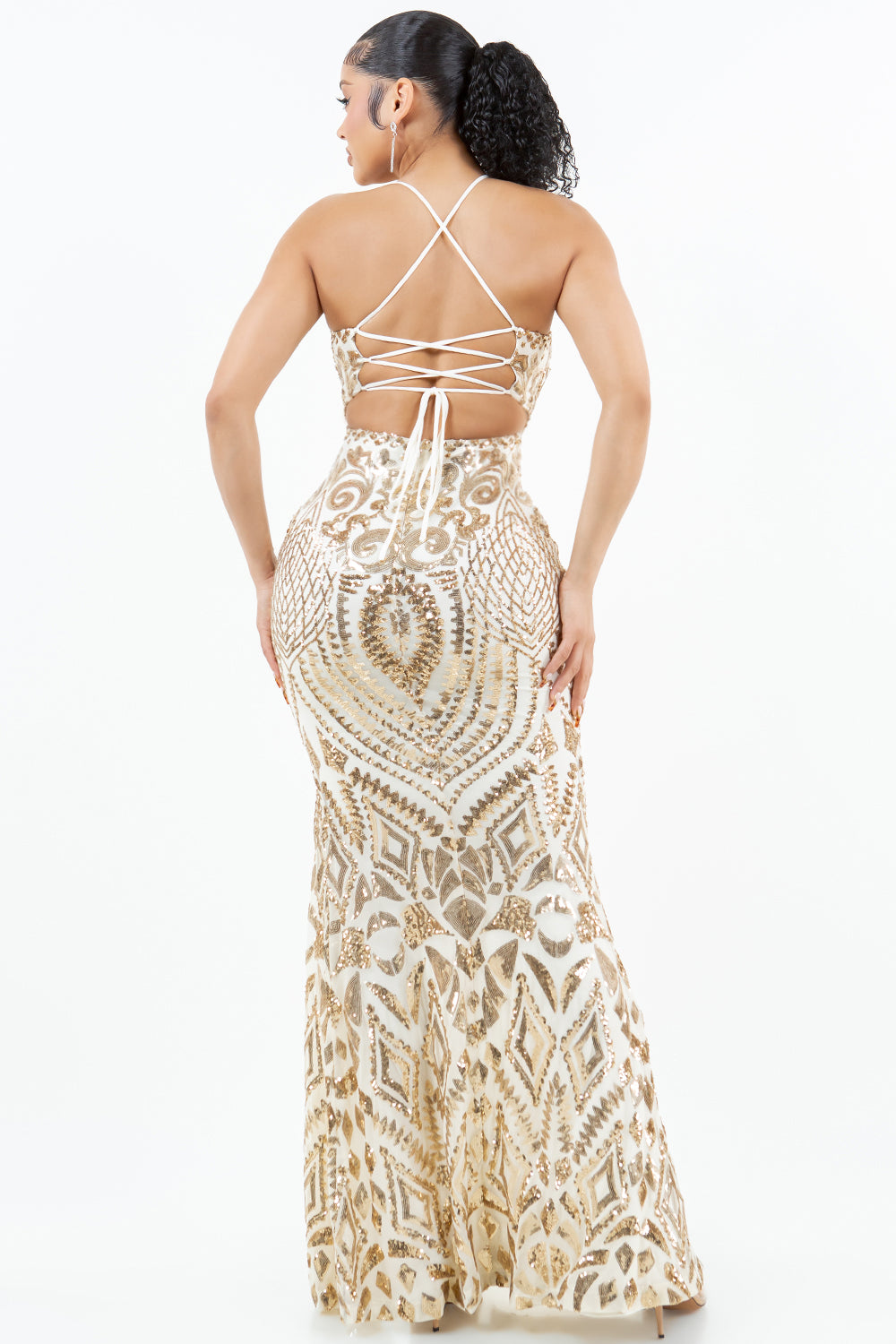 Square Neck Sequin High Slit Evening Gown – Black & Gold or Cream & Gold
