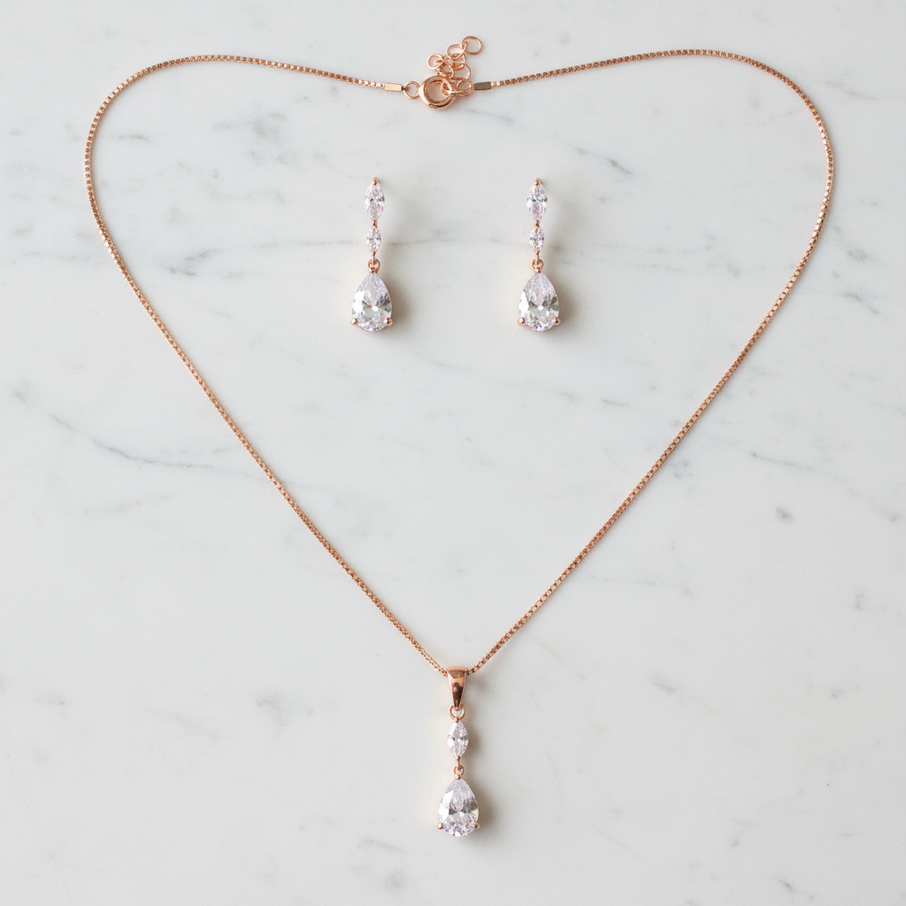 Rose gold CZ jewelry set flat lay