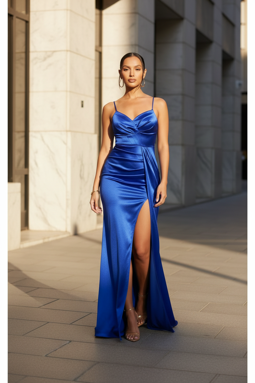 Satin Ruched Gown | Surplice V-Neck Spaghetti Strap Fitted Mermaid High Slit Train