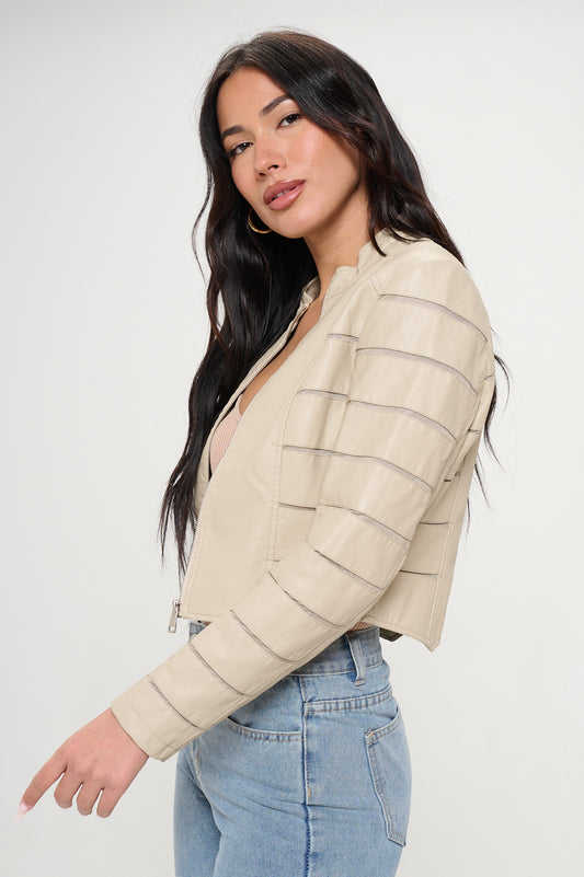 Cream Vegan Leather Mesh Jacket