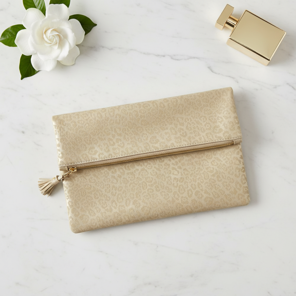 Gold Leopard Print Fold-Over Envelope Clutch